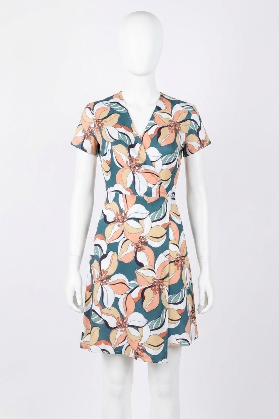 NEW MOLLY BRACKEN floral wrap mini dress in duck blue coral bay